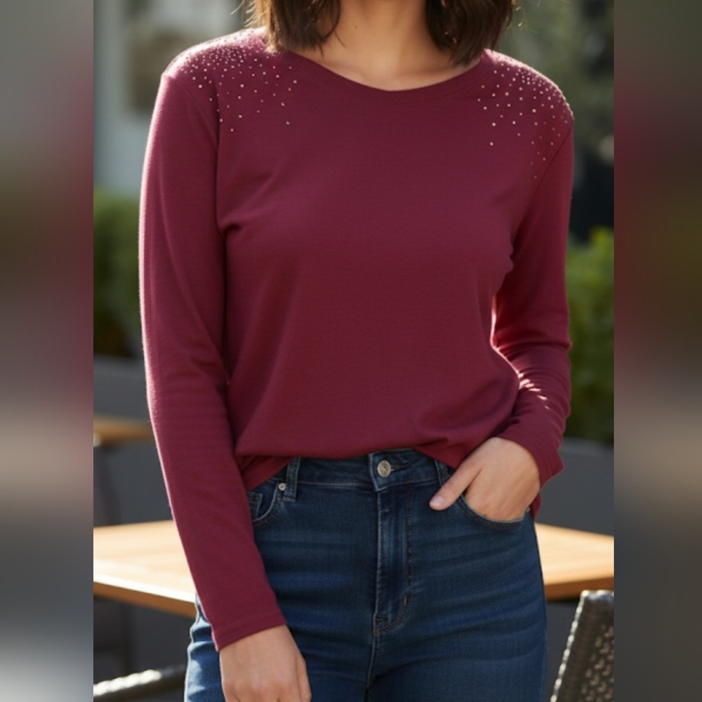 Nine West Women's Sweater Size L Burgundy Gold Studs Long Sleeve NWT